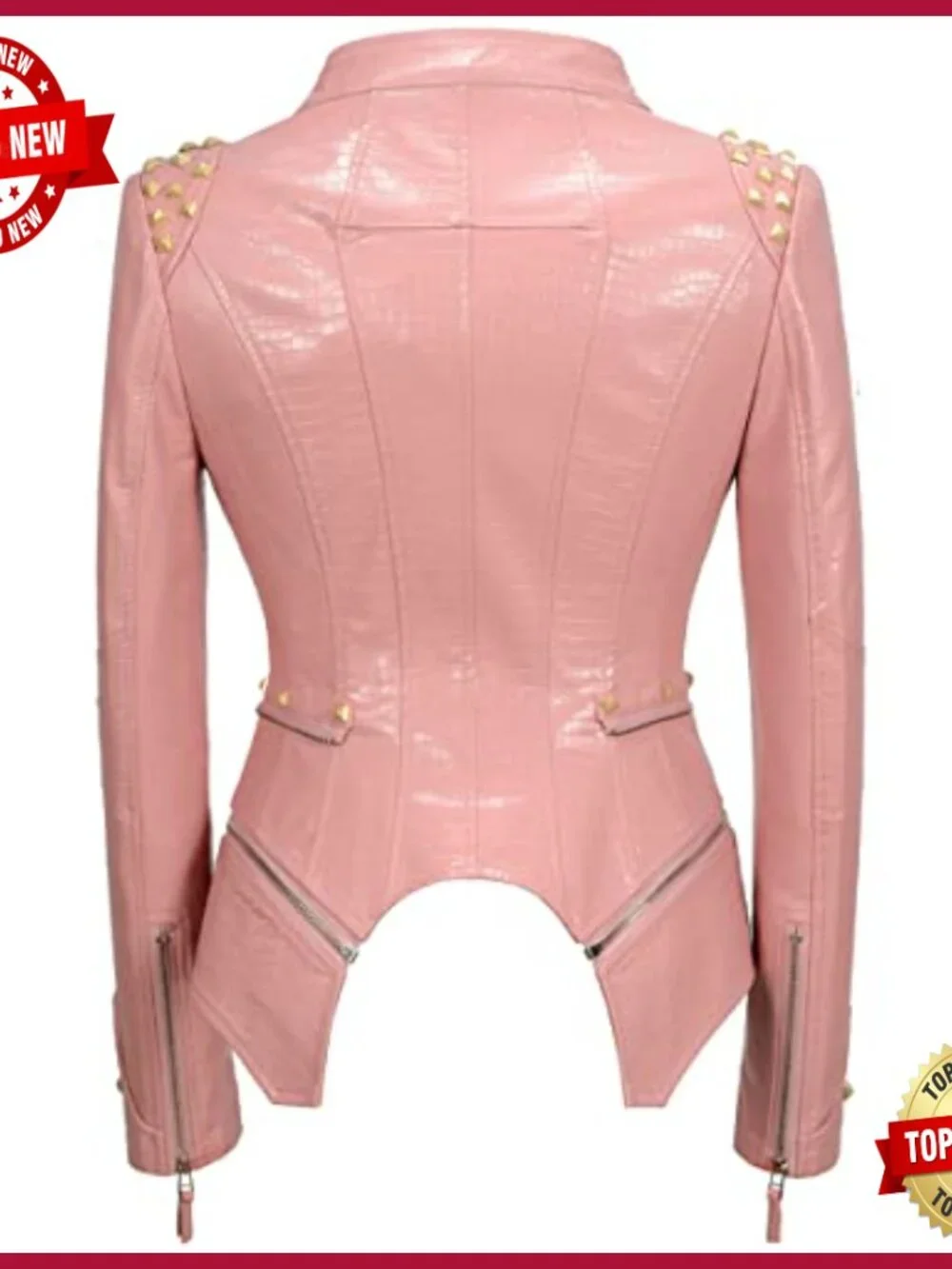 Women's Studded Faux Leather Moto Jacket, Punk Style, Zipper Closure - Picture 4 of 6